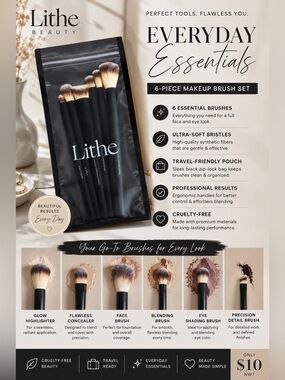 Lithe Beauty Everyday Brush Set 6 Piece Essential Makeup Brush Collection NWT